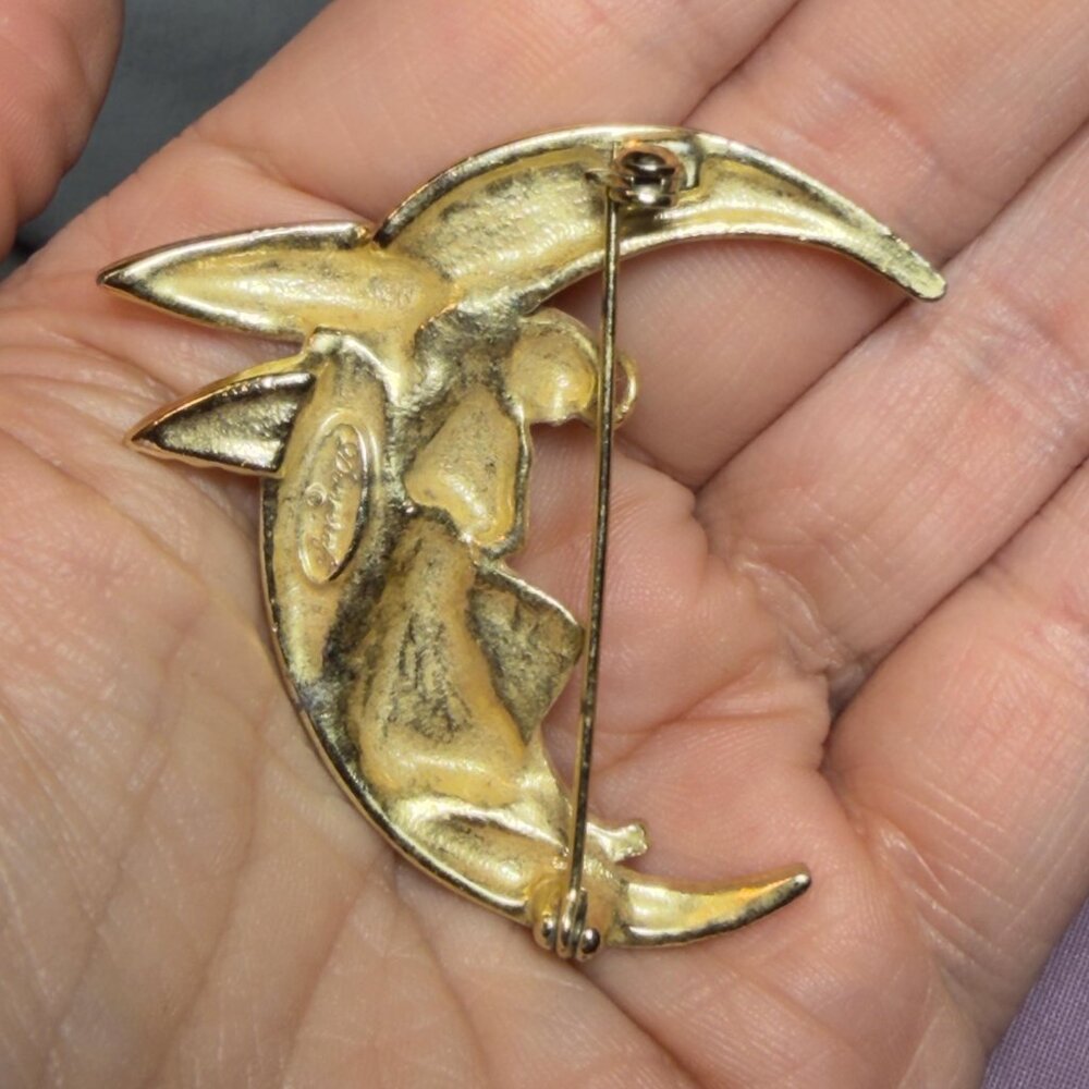 Danecraft Angel Moon Brooch Madonna Child Crescent Vintage Gold Tone 2” - Picture 7 of 9